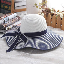 Load image into Gallery viewer, Hepburn Wind Black White Striped Bowknot Straw Sun Hat