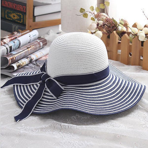 Hepburn Wind Black White Striped Bowknot Straw Sun Hat