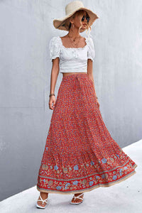 Floral Print Tied Maxi Skirt (Black/Deep Red)