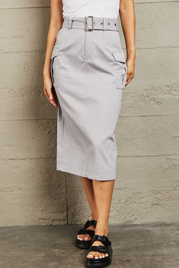 HYFVE Professional Light Gray Buckled Cotton Midi Skirt with Pockets