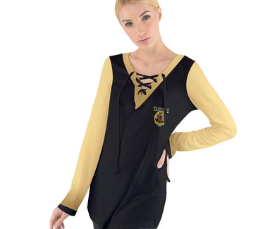 A-Team 01 Gold Ladies Designer V-neck Lace Up Front Cotton Blend Long Sleeve T-shirt