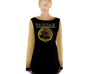 A-Team 01 Gold Ladies Designer V-neck Lace Up Front Cotton Blend Long Sleeve T-shirt