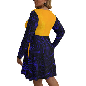 Yahuah-Tree of Life 02-02 Elect Designer V-neck Long Sleeve Flared Plus Size Mini Dress