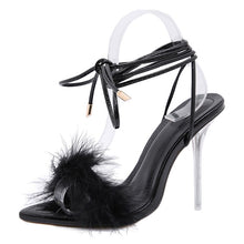 Load image into Gallery viewer, Snake Print Feather Detail Pointed Toe Transparent Strappy High Heel Sandals