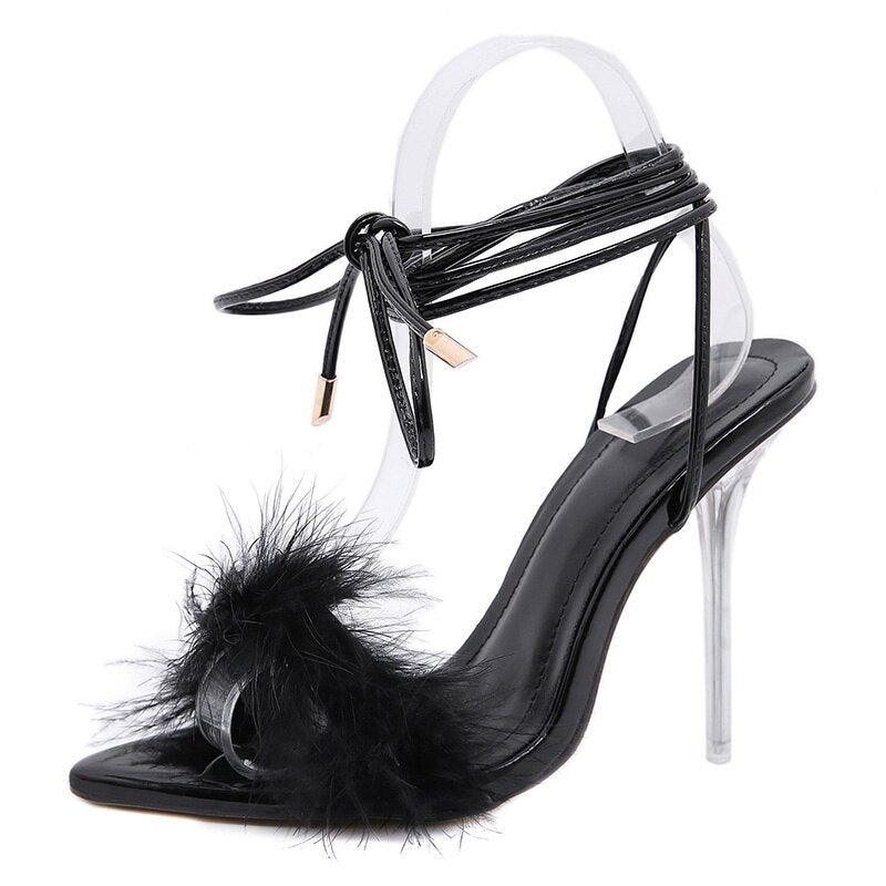 Snake Print Feather Detail Pointed Toe Transparent Strappy High Heel Sandals