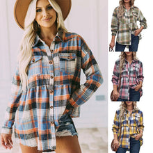 Load image into Gallery viewer, Ladies Lapel Collar Long Sleeve Pocket Plaid Button Up Blouse