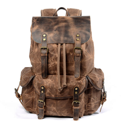 Oil Waxed Canvas Retro Outdoor Drawstring Leather Travel Backpack