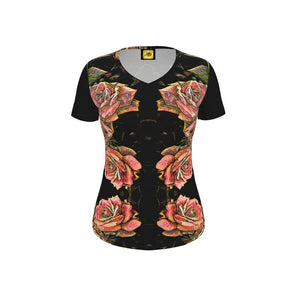 Floral Embosses: Roses 06-01 Ladies Designer V-neck Slim Fit Jersey T-shirt