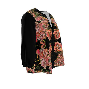 Floral Embosses: Roses 06-01 Designer 3/4 Sleeve Notch Neck Tunic Blouse