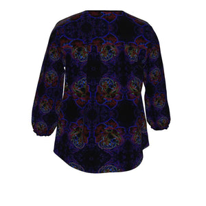 Floral Embosses: Roses 01 Patterned Designer 3/4 Sleeve Notch Neck Tunic Blouse
