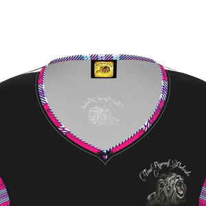 TRP Twisted Patterns 06: Digital Plaid 01-04A Ladies Designer V-neck Slim Fit Long Sleeve Jersey T-shirt
