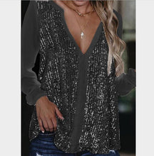 Load image into Gallery viewer, Sequined V-neck Long Sleeve Chiffon Blouse (Black/Gray)