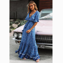 Load image into Gallery viewer, Frieda Bohemian Floral Print V Neck Waist Tie Maxi Dress