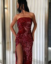 Load image into Gallery viewer, Glitter Detailed Draped Strapless Slit Bodycon Maxi Dress