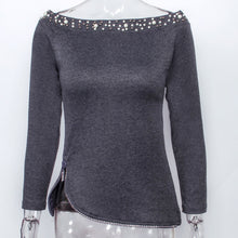 Load image into Gallery viewer, Bead Detailed Slash Neck Off Shoulder Slim Fit Sweater (Gray/Pink)