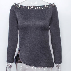 Bead Detailed Slash Neck Off Shoulder Slim Fit Sweater (Gray/Pink)