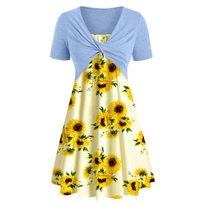 Sunflower Print Two Piece Short Sleeve Mini Dress