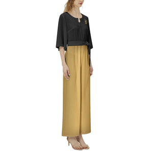 Yahuah-Tree of Life 02-03 Elect Designer Notch Neck Dolman Sleeve Belted Wide Leg Jumpsuit