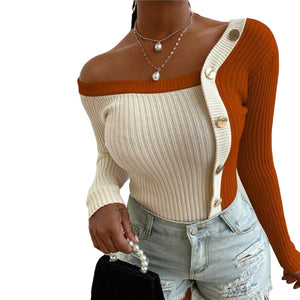 Knitted Off Shoulder Slim Button Up Sweater