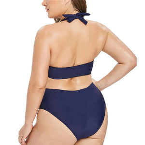 Lace Up Front Halter Neck Split Push Up Plus Size Swimsuit
