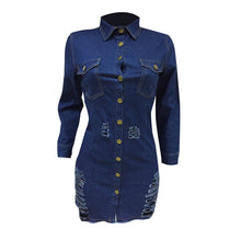 Load image into Gallery viewer, Button Up Turn Down Collar Long Sleeve Ripped Denim Mini Dress