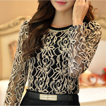 Load image into Gallery viewer, Korean Vintage Long Sleeve Black Lace Chiffon Blouse