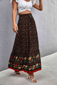 Floral Print Tied Maxi Skirt (Black/Deep Red)