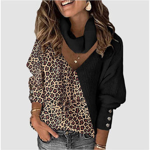 Knitted Leopard Patchwork Turtleneck Spring Button Lantern Sleeve Sweater (6 colors)