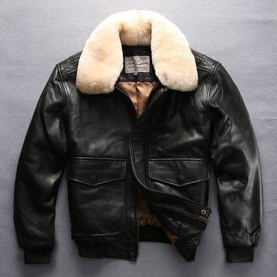 Sheepskin Leather Male Bomber Jacket Wool Collar