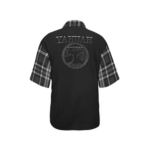 Yahuah-Tree of Life 02-04 + Digital Plaid 01-06A Ladies Designer Short Sleeve Button Up Blouse with Side Slits
