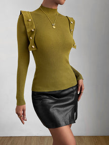 Solid Ruffle Button High Neck Slim Sweater