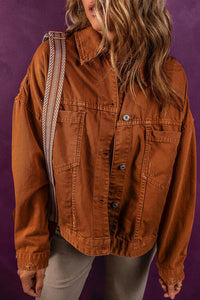 Ochre Color Collared Button Up Denim Jacket