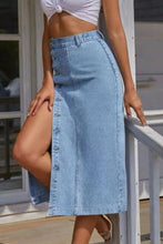 Load image into Gallery viewer, Button Fly Slit Light Blue Denim Midi Skirt