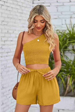Two Piece Smocked One Shoulder Sleeveless Top and Shorts Set