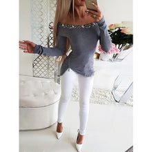 Load image into Gallery viewer, Bead Detailed Slash Neck Off Shoulder Slim Fit Sweater (Gray/Pink)