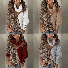 Load image into Gallery viewer, Knitted Leopard Patchwork Turtleneck Spring Button Lantern Sleeve Sweater (6 colors)