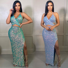Load image into Gallery viewer, Sequin Two-Piece Halter Neck Slit Maxi Dress