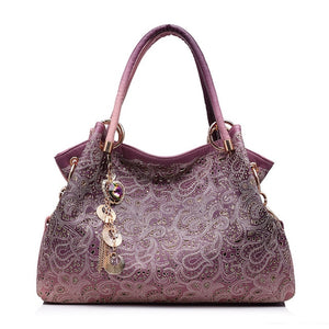 Hollow Out Ombre Floral Print Leather Handbag