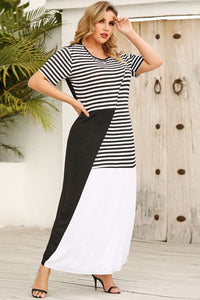 Striped Color Block Short Sleeve Round Neck Plus Size Maxi Dress