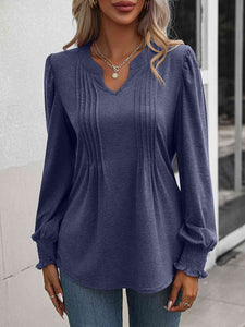 Ruched Notch Neck Puff Sleeve Smocked Blouse (6 colors)