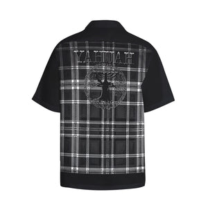 Yahuah-Tree of Life 02-04 + Digital Plaid 01-06A Men's Designer Short Sleeve Dress Shirt with Chest Pocket