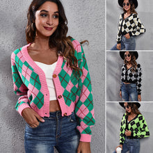 Load image into Gallery viewer, Diamond Color Matching Jacquard Knitted Cardigan