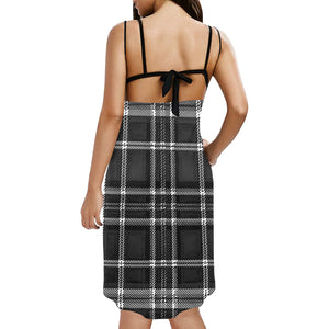 TRP Twisted Patterns 06: Digital Plaid 01-06A Designer Backless V-neck Spaghetti Strap Wrap Midi Dress