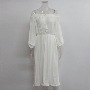 Bohemian Crochet Lace Long Sleeve Off Shoulder Frill Ruffle High Low Maxi Dress