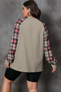 Khaki Color Plaid Round Neck Plus Size Sweatshirt