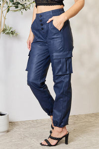 Navy Blue Faux Leather High Waist Cargo Pants