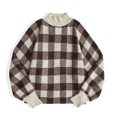 Ladies Half High Neck Plaid Color Matching Sweater