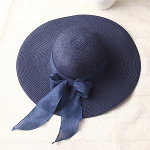 Hand Made Ribbon Bow-knot Wide Brin Straw Hat