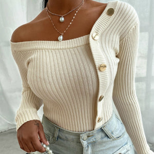 Knitted Off Shoulder Slim Button Up Sweater