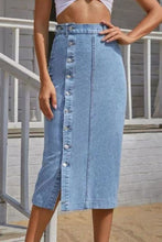 Load image into Gallery viewer, Button Fly Slit Light Blue Denim Midi Skirt